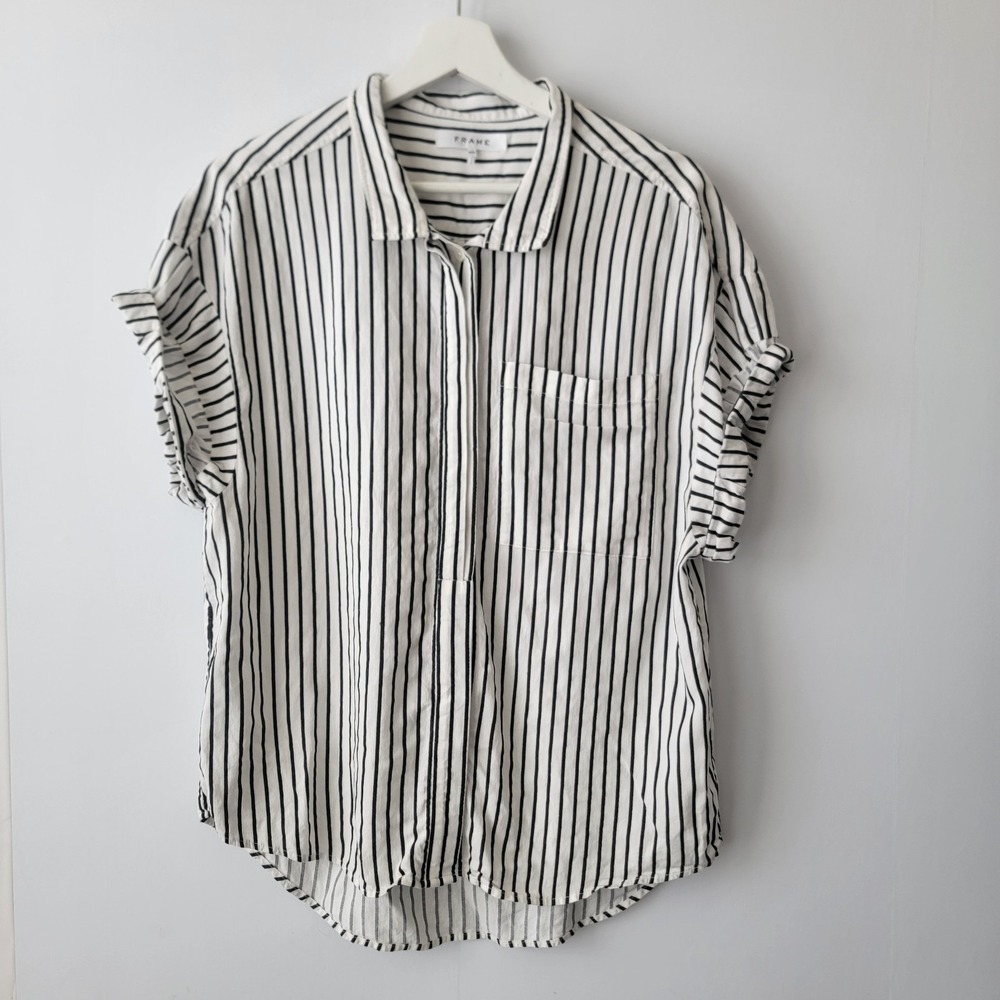 Frame women's Sheila Striped Pocket top size M Relaxed Fit Nautical Linen Blend